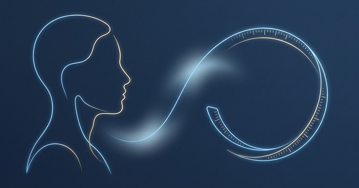Ilustração editorial sóbria sobre fundo azul-marinho, com o contorno em linhas luminosas de uma silhueta feminina vista de lado e, sobreposta a ela, a mudança de posição de uma área destacada, que sai da região dos quadris para a região abdominal. Ao lado, uma fita métrica estilizada em linha contínua. Sem texto, sem rostos, sem medicamentos.
