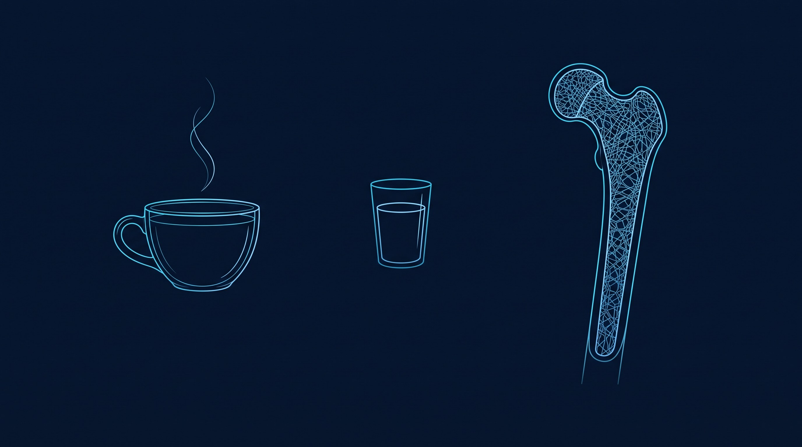 Ilustração editorial sóbria sobre fundo azul-marinho, com o contorno em linhas luminosas de uma xícara de café à esquerda e, à direita, a silhueta estilizada de um osso em corte, com textura interna de treliça. Entre os dois, um pequeno copo de leite em linhas finas. Sem texto, sem pessoas, sem medicamentos.