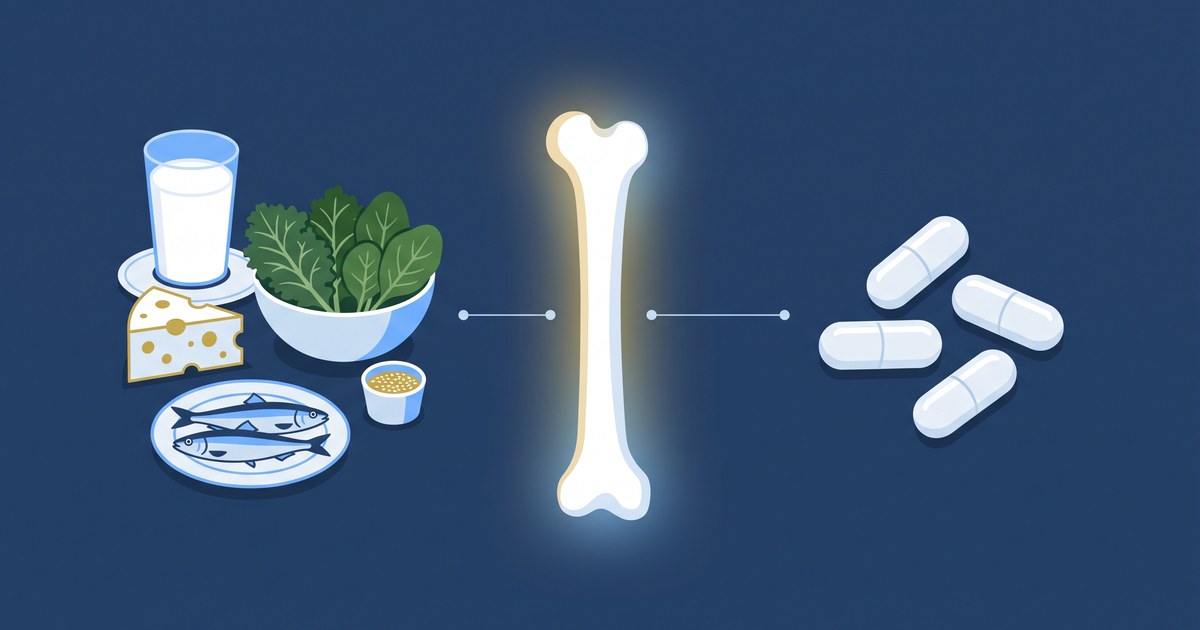 Ilustração em fundo azul-marinho: à esquerda, copo de leite, queijo, folhas verdes, sardinhas e gergelim; no centro, um osso; à direita, cápsulas brancas sem rótulo.