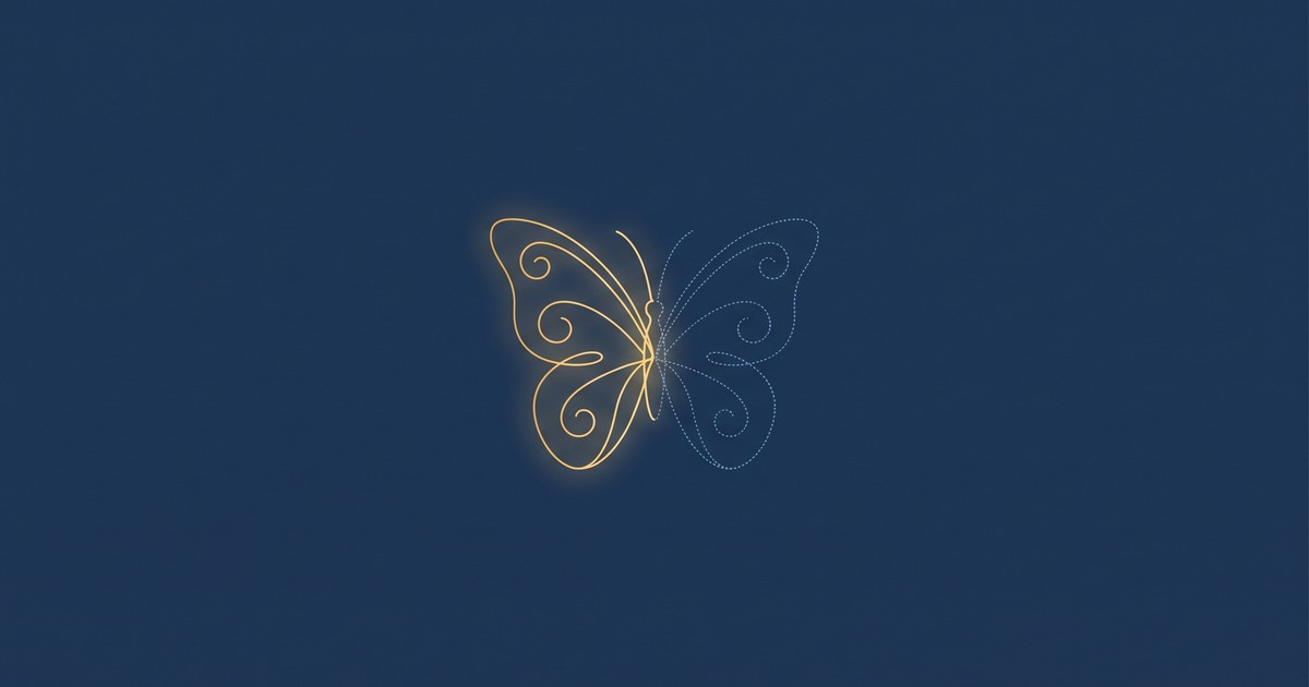 Ilustração em linhas finas sobre fundo azul-marinho: uma borboleta, forma que lembra a tireoide, com a asa esquerda em traço dourado e iluminado e a asa direita só em pontilhado azul-claro, sugerindo que apenas metade é tratada. Sem texto, sem pessoas e sem marcas.