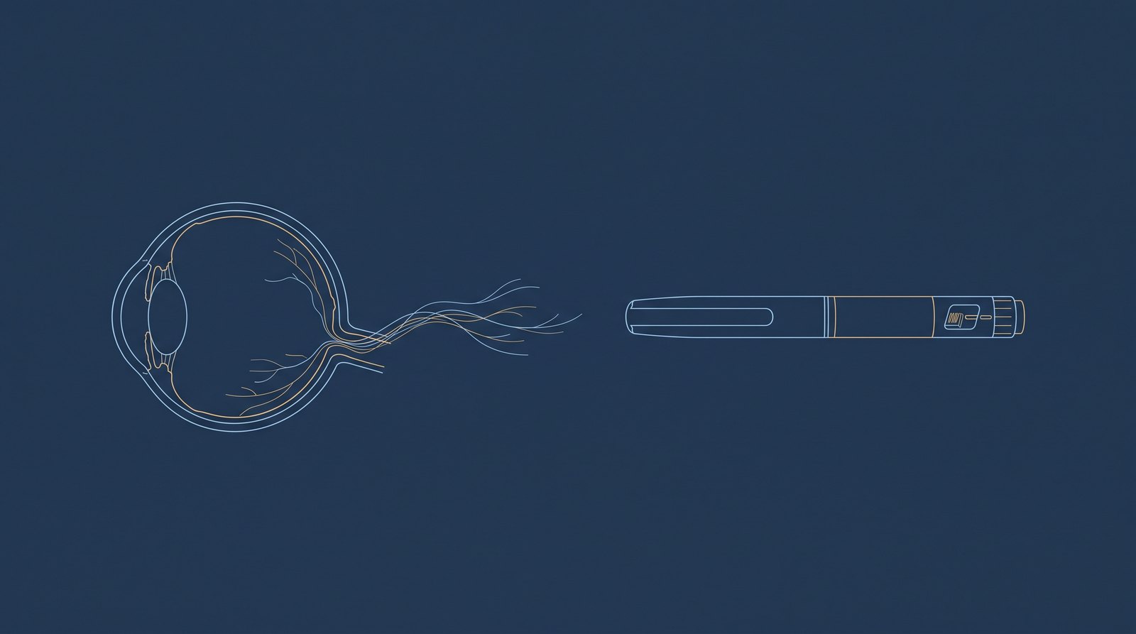 Ilustração em linhas finas azul-claras e douradas sobre fundo azul-marinho: o contorno de um olho visto de lado, com o nervo óptico saindo por trás dele como um feixe fino, e ao lado uma caneta de aplicação genérica deitada. Sem texto, sem pessoas e sem marcas.