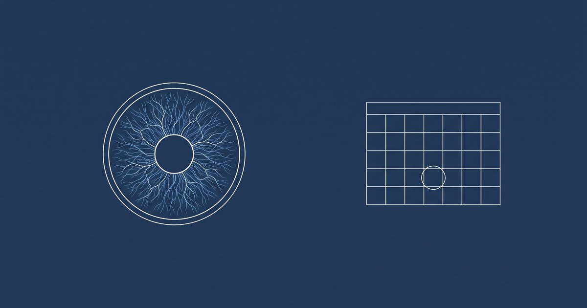 Ilustração editorial em linhas finas azul-claro sobre fundo azul-marinho: o contorno de um olho visto de frente, com a retina desenhada ao fundo como uma rede delicada de vasos, e ao lado um pequeno calendário com um único dia marcado. Sem texto, sem pessoas, sem marcas.