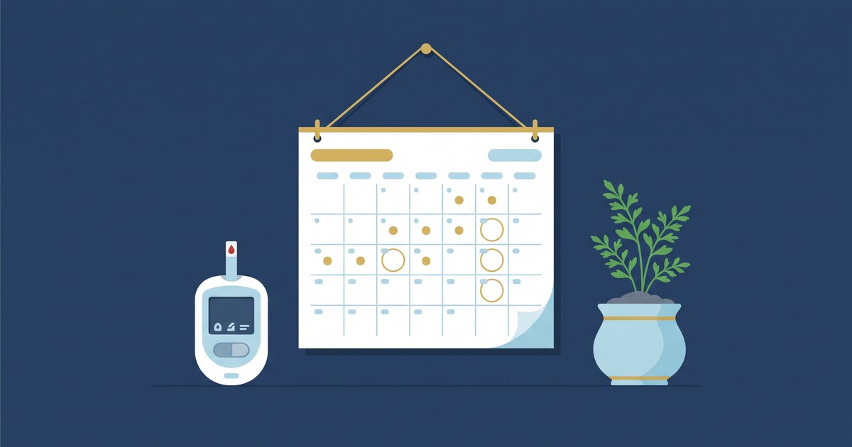 Ilustração plana sobre fundo azul-marinho: no centro, um calendário de parede branco com alguns dias marcados por pontos e círculos dourados; à esquerda, um glicosímetro genérico com a fita de teste; à direita, uma planta brotando num vaso azul-claro. Sem texto, sem pessoas, sem gestante e sem marcas.