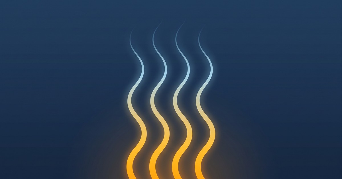 Ilustração editorial sobre fundo azul-marinho mostrando quatro ondas de calor estilizadas subindo da base da imagem, intensas e em tom âmbar quente embaixo, afinando e esfriando para azul-claro conforme sobem, até se dissiparem no topo. Sem pessoas, sem rostos, sem texto e sem embalagens de medicamento.