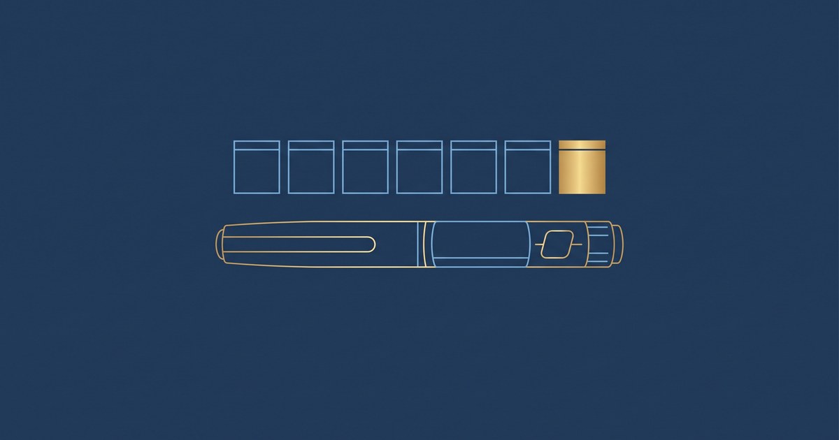 Ilustração em linhas finas douradas e azul-claras sobre fundo azul-marinho: uma fileira de 7 quadrados como os dias de uma semana, com só o último preenchido em dourado, e abaixo uma caneta de aplicação genérica deitada. Sem texto, sem pessoas e sem marcas.