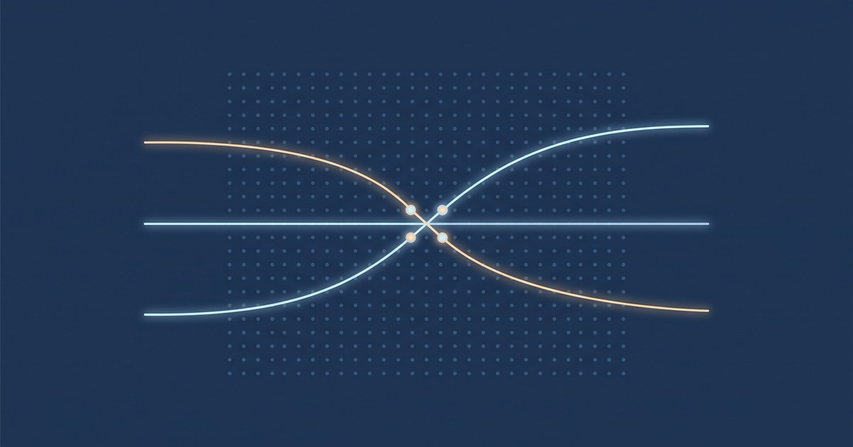 Ilustração editorial sobre fundo azul-marinho mostrando duas curvas luminosas que se cruzam sobre uma linha horizontal, uma ascendente em azul-claro e outra descendente em dourado suave, com pequenos pontos brilhantes no cruzamento e uma malha discreta de pontos ao fundo. Sem pessoas, sem rostos, sem texto e sem embalagens de medicamento.