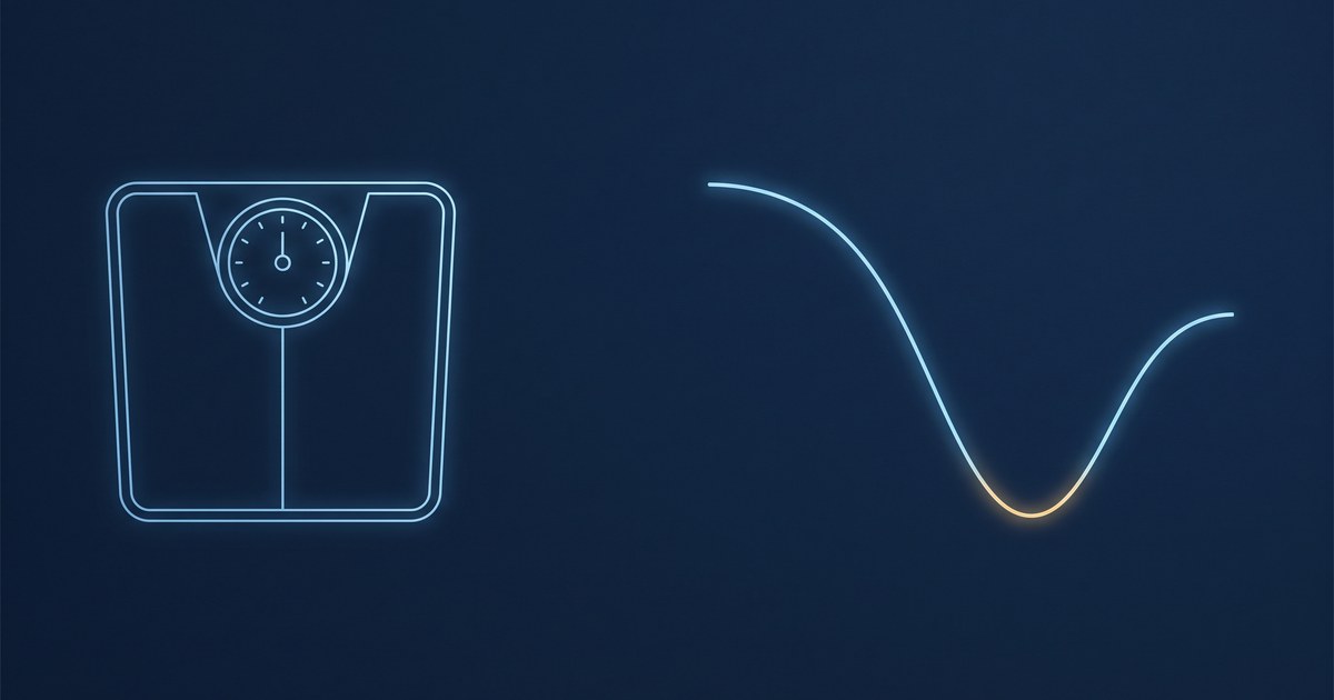 Ilustração editorial sóbria sobre fundo azul-marinho, com o contorno em linhas luminosas de uma balança de banheiro à esquerda e, à direita, uma linha de gráfico que desce e volta a subir. Sem texto, sem pessoas, sem medicamentos.