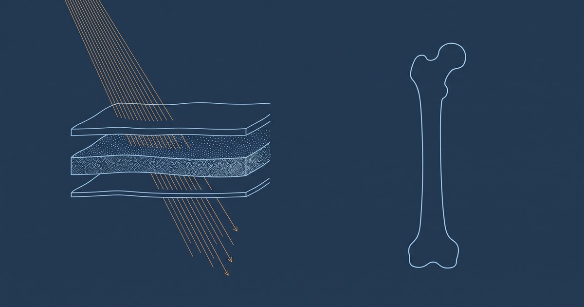 Ilustração editorial em linha fina sobre fundo azul-marinho mostrando um raio de sol estilizado em âmbar atravessando camadas sobrepostas de pele em tons de azul-claro, com a camada mais densa filtrando parte da luz, e ao lado a silhueta esquemática de um osso íntegro. Sem pessoas, sem rostos, sem texto e sem marcas.