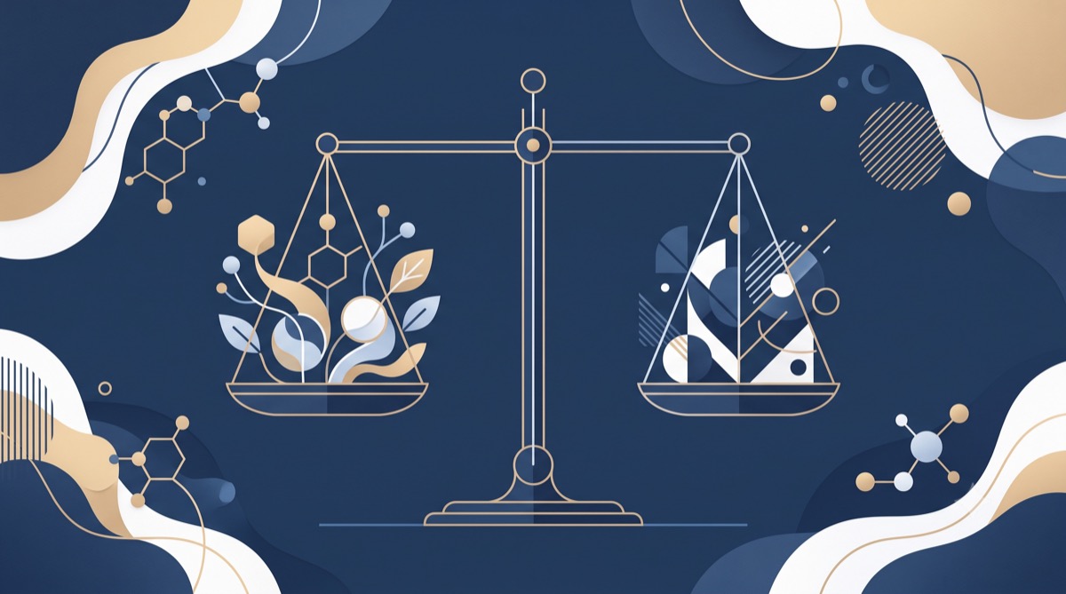 Ilustração editorial sóbria em tons de azul-marinho representando o equilíbrio hormonal na menopausa: uma balança conceitual entre benefícios e riscos, sem pessoas e sem embalagens de medicamento.