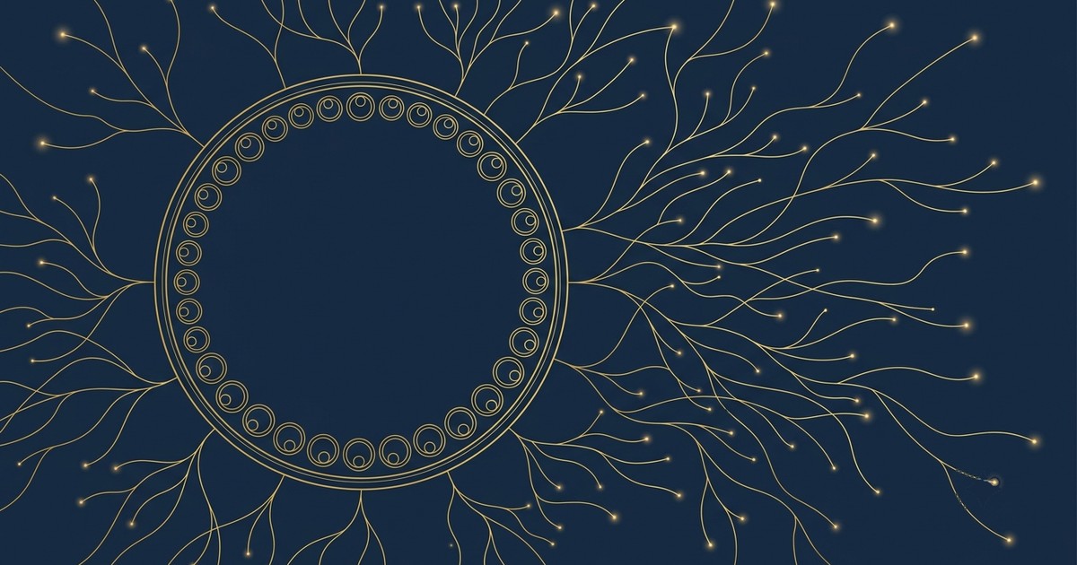 Ilustração editorial sóbria sobre fundo azul-marinho, com o desenho em linhas finas douradas de um círculo cercado por pequenos círculos concêntricos de tamanhos iguais, ao lado de um diagrama abstrato de linhas que se ramificam para fora, sugerindo que a condição se estende além de um único órgão. Sem texto, sem pessoas, sem medicamentos, sem embalagens.