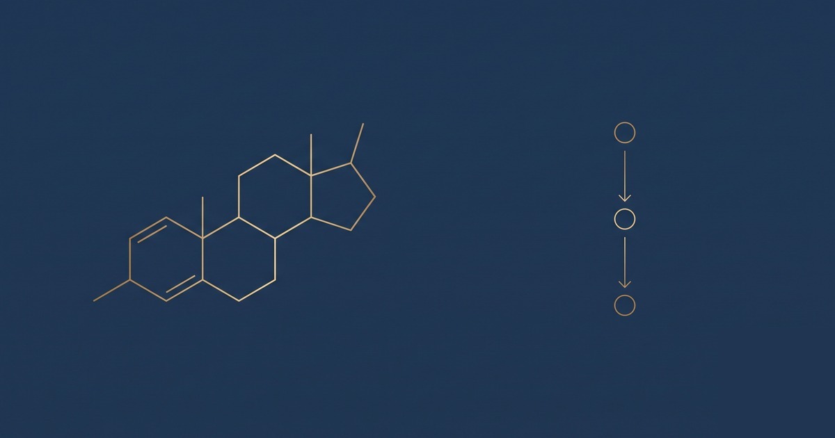 Ilustração editorial sóbria sobre fundo azul-marinho, com o desenho em linhas finas douradas da estrutura molecular de um hormônio esteroide ao lado de um diagrama abstrato de três pontos conectados em cadeia, representando um eixo de sinalização hormonal. Sem texto, sem pessoas, sem medicamentos, sem embalagens.