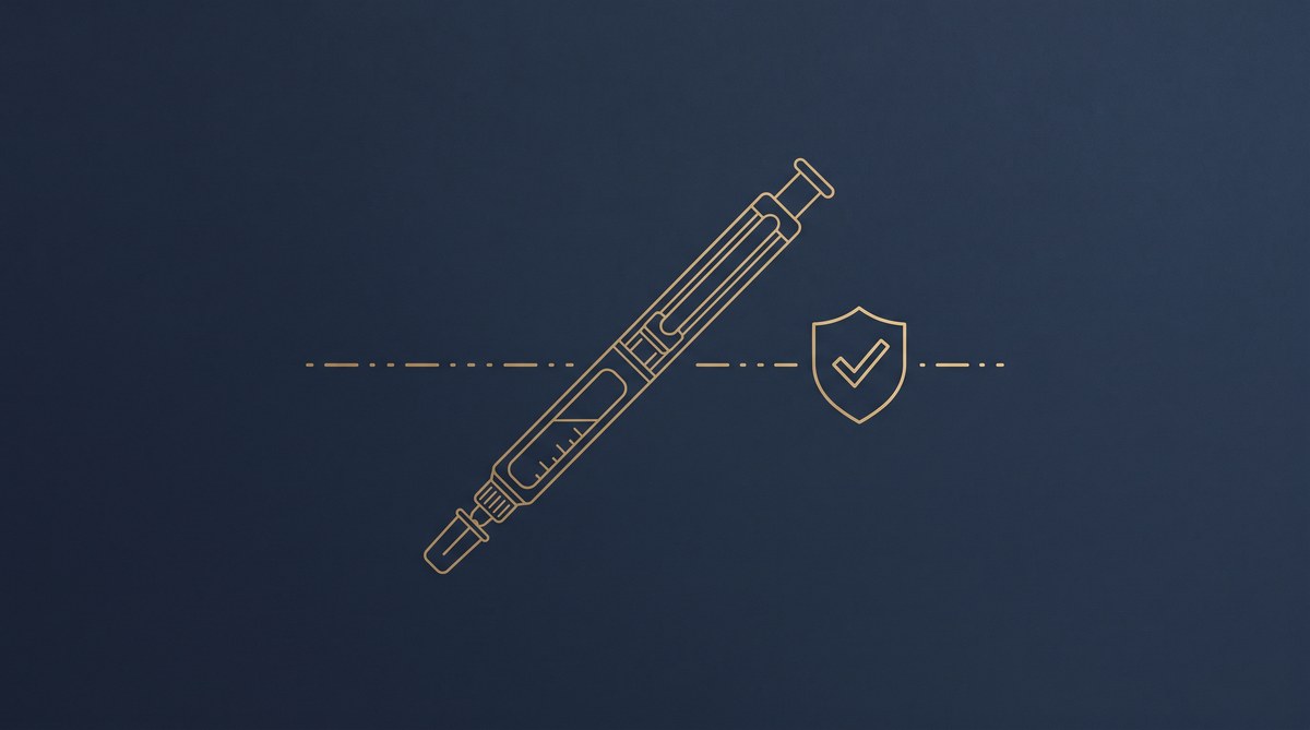 Ilustração editorial sóbria sobre fundo azul-marinho, com o desenho em linhas finas douradas de uma caneta de aplicação estilizada atravessando uma linha tracejada de fronteira, com um pequeno escudo de verificação ao lado. Sem texto, sem pessoas, sem marcas e sem embalagens reais.