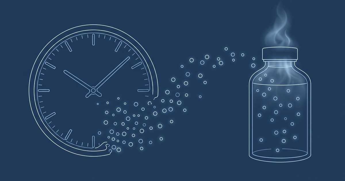 Ilustração editorial sóbria sobre fundo azul-marinho, com o contorno em linhas luminosas de um relógio estilizado cujo mostrador se dissolve em pequenos círculos, ao lado da silhueta em linha contínua de um frasco de armazenamento criogênico. Sem texto, sem rostos, sem pessoas, sem marcas.