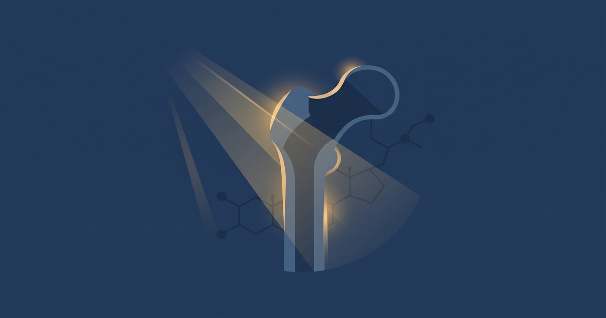 Ilustração editorial sóbria sobre fundo azul-marinho, com raios de luz solar em tons dourados atravessando o contorno estilizado de um osso longo em corte, ao lado de um discreto motivo de estrutura molecular em linhas finas. Sem texto, sem pessoas, sem medicamentos, sem embalagens.